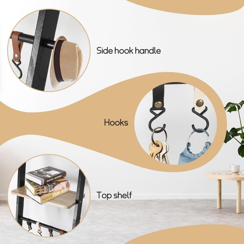 Fuairmee Wooden Ladder with Shelf for Decor, 6-Tier Decor Ladder with Non-Slip Mat & Hooks, Farmhouse Style Leaning Wall Display Holder, Black - Image 4
